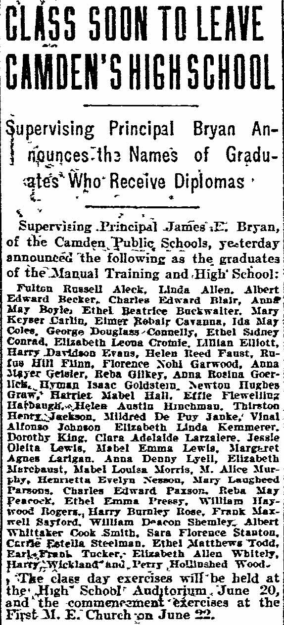 Philadelphia Inquirer, June 10, 1905 — Camden High School graduates, page 1