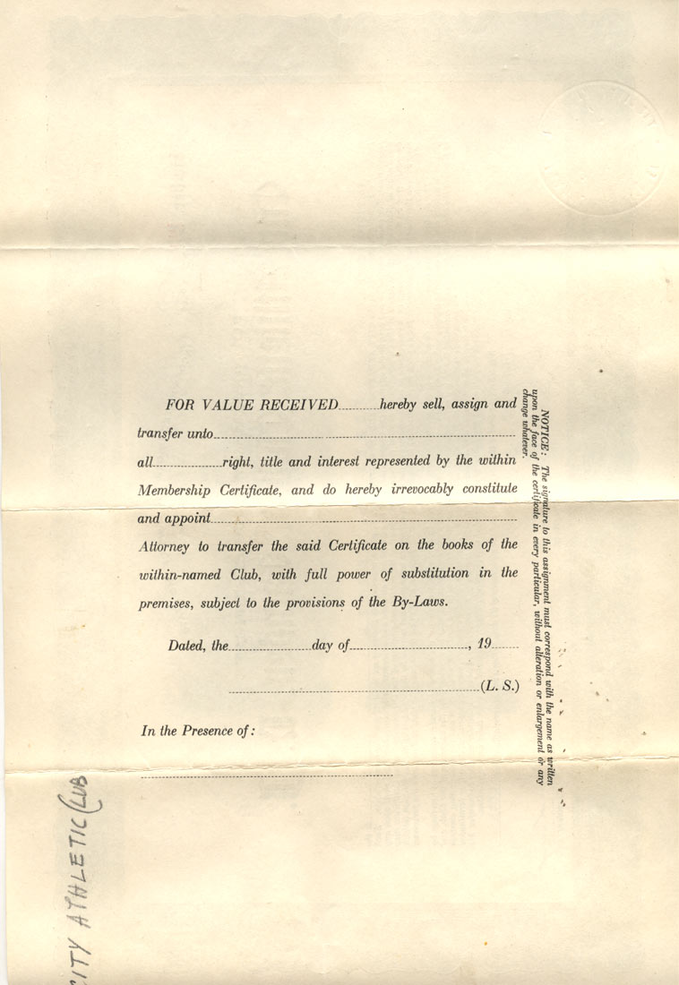 Founder Membership Certificate, City Athletic Club of Camden, N.J. — rear