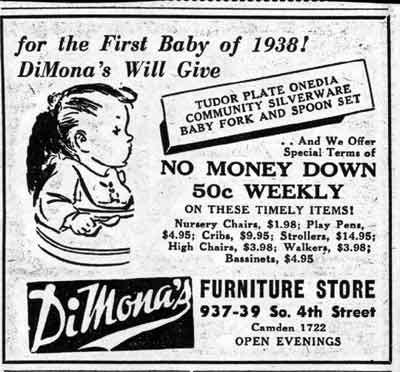 DiMona's furniture advertisement — Camden Courier-Post, January 1, 1938