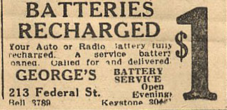 George's Battery Service advertisement at 213 Federal Street, 1929