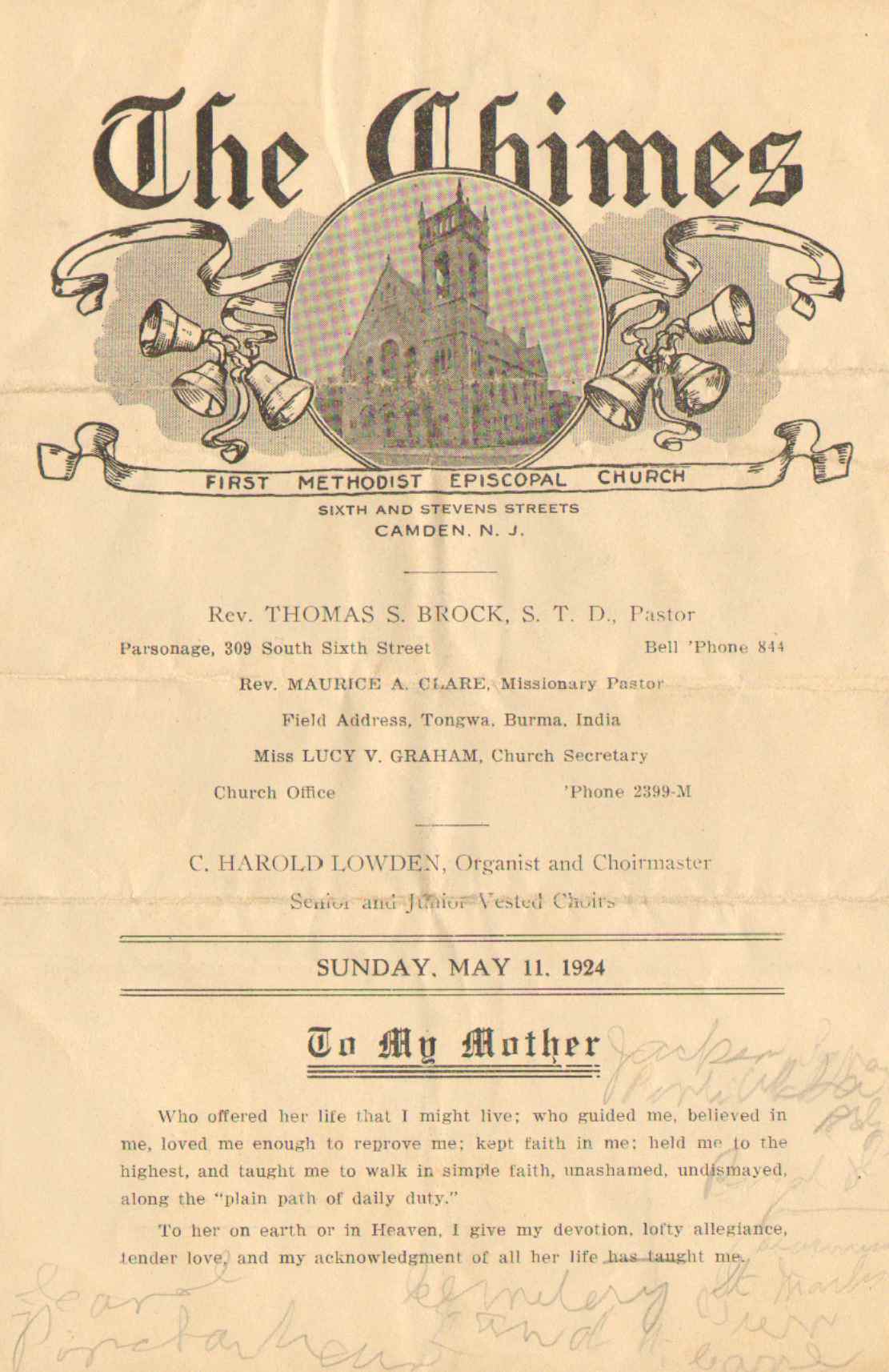 The Chimes, First Methodist Episcopal Church, May 11, 1924, page 1