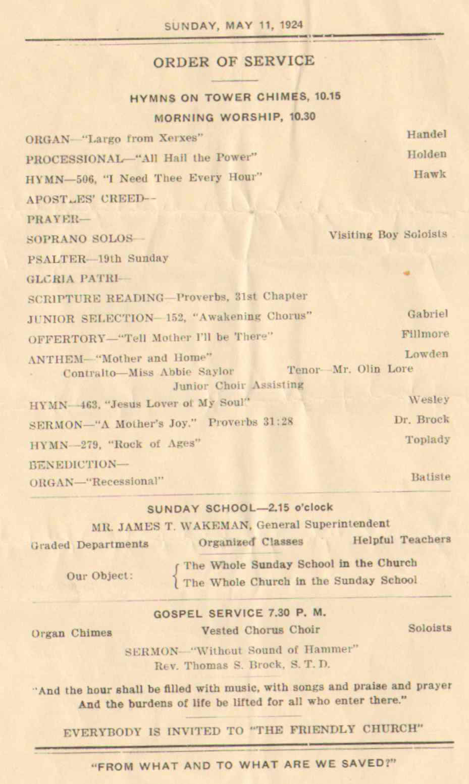 The Chimes, First Methodist Episcopal Church, May 11, 1924, Order of Service