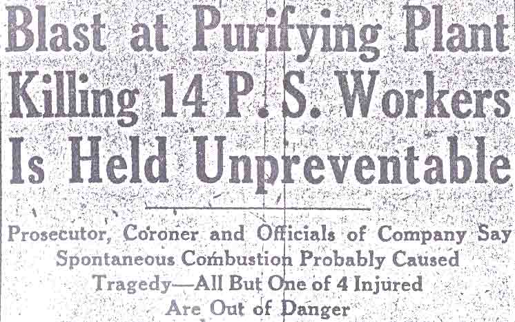 Blast at Purifying Plant Killing 14 P.S. Workers Is Held Unpreventable — headline