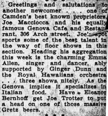 Genova Cafe advertisement, Camden Courier-Post, January 29, 1938