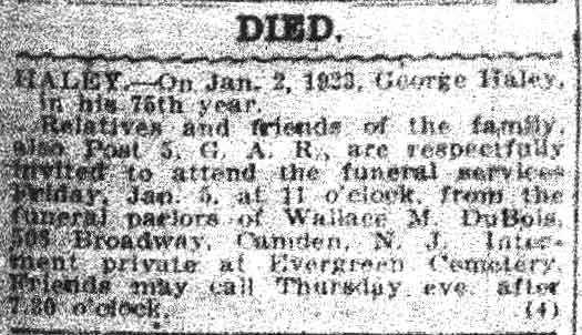 Obituary notice for George Haley, January 1923