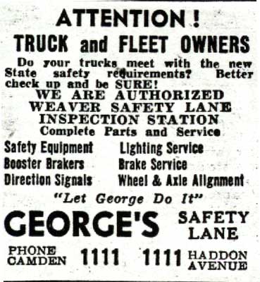George's Safety Lane advertisement for truck and fleet owners, 1111 Haddon Avenue, 1938