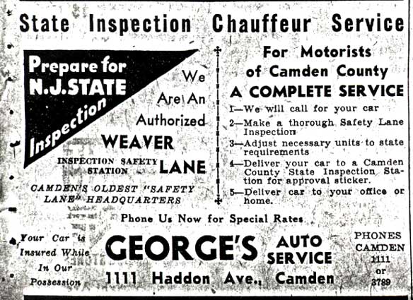 George's Auto Service state inspection chauffeur service advertisement, 1111 Haddon Avenue, 1938