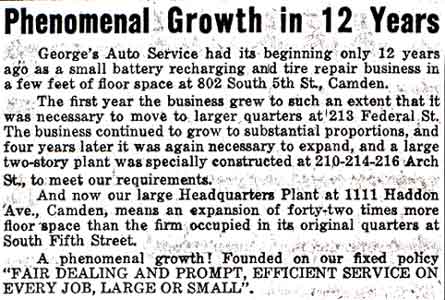 Phenomenal Growth in 12 Years article for George's Auto Service, 1936