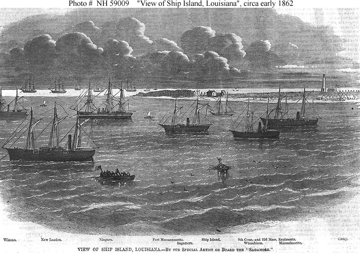 Line engraving from Harper's Weekly, 1862, depicting U.S. Navy ships anchored off Ship Island, Louisiana, including the Wissahickon