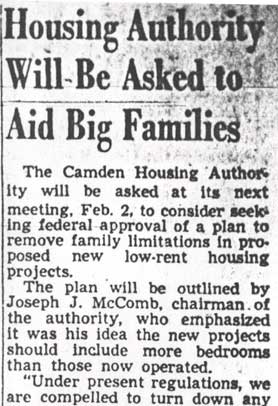Housing Authority Will Be Asked to Aid Big Families — Camden Courier-Post, January 23, 1950