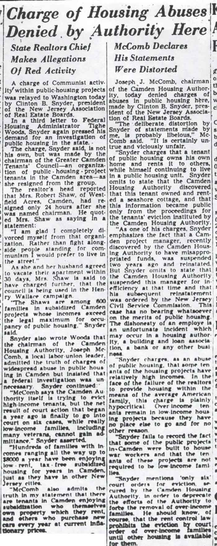 Charge of Housing Abuses Denied by Authority Here — Camden Courier-Post, August 6, 1946