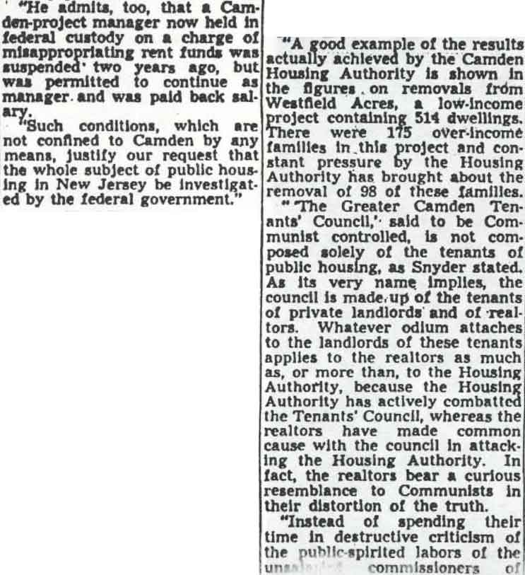 Charge of Housing Abuses Denied by Authority Here (continued) — Camden Courier-Post, August 6, 1946