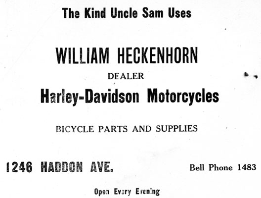 Advertisement for William Heckenhorn's Harley-Davidson dealership at 1246 Haddon Avenue, from the Jefferson Athletic Association banquet program, February 2, 1919