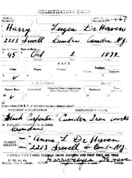 Harry L. DeHaven World War I draft card front