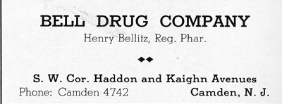 Bell Drug Company advertisement in the Camden High School Purple and Gold Yearbook, February 1940