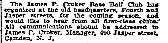 Philadelphia Inquirer, June 25, 1896, James P. Croker Base Ball Club announcement