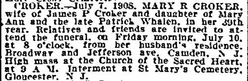 Philadelphia Inquirer, July 10, 1908, death notice for Mary R. Croker