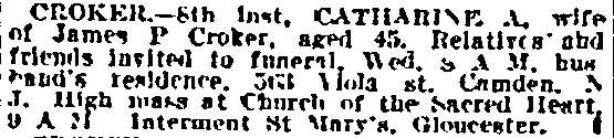 Philadelphia Inquirer, December 10, 1912, death notice for Catharine A. Croker