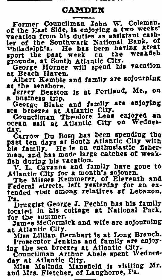 Camden vacation notes — Philadelphia Inquirer, July 16, 1899