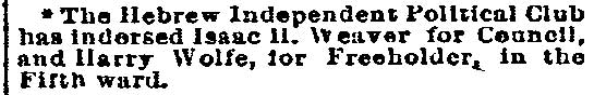 Philadelphia Inquirer, April 4, 1894: Hebrew Independent Political Club endorses Harry Wolfe for Freeholder in the Fifth Ward