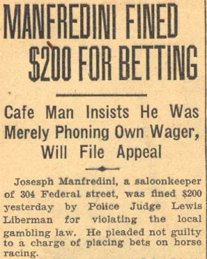 Manfredini Fined $200 for Betting, Camden Courier-Post, August 16, 1935, column 1