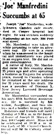 'Joe' Manfredini Succumbs at 65, Camden Courier-Post, 1947