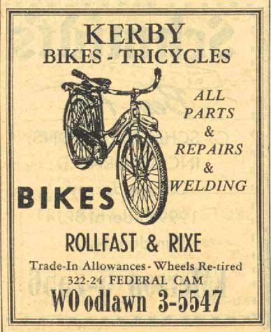 New Jersey Bell Telephone Company Yellow Pages, 1959 — Kerby Bikes, Tricycles, 322-24 Federal Street, Camden NJ