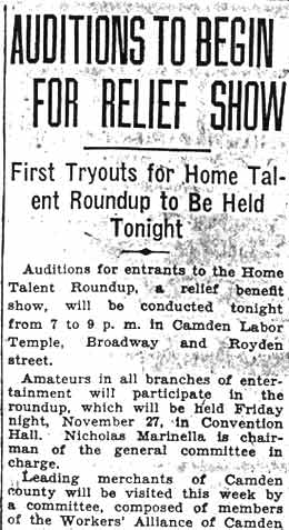 Camden Courier-Post, October 20, 1936 — Auditions to Begin for Relief Show, Home Talent Roundup at Camden Labor Temple