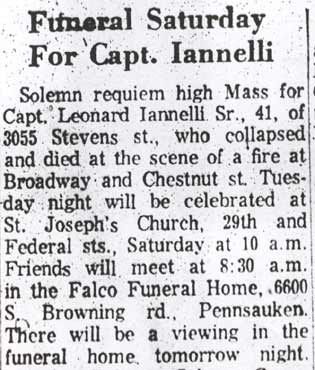 Funeral notice for Captain Leonard Iannelli Sr., Camden Courier-Post January 16, 1964