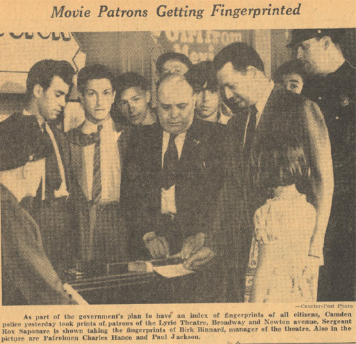 Movie Patrons Getting Fingerprinted at the Lyric Theatre, Camden Courier-Post, June 30, 1939