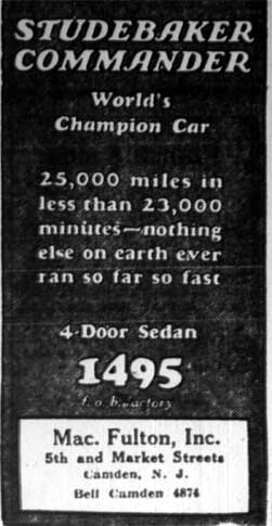 Camden Courier-Post, February 17, 1928 — Studebaker Commander advertisement, Mac. Fulton, Inc.
