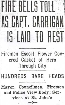 Camden Daily Courier, January 23, 1922 — fire bells toll as Capt. Carrigan is laid to rest, page 1