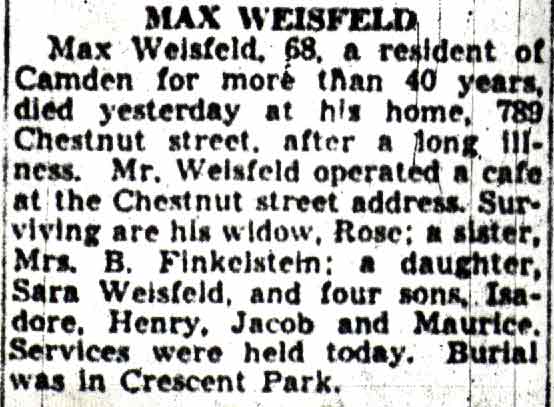 Max Weisfeld obituary, Camden Courier-Post, June 17, 1942