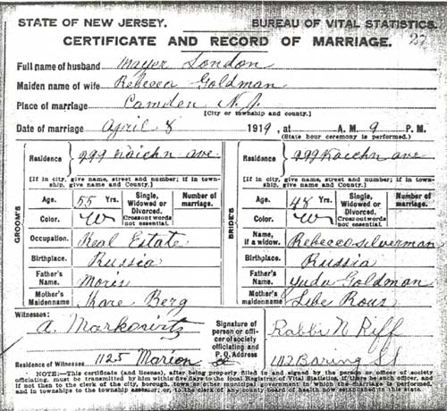 Marriage license signed by Rabbi Riff for Meyer London and Rebecca Silverman, April 8, 1919