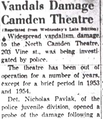 Vandals Damage Camden Theatre — December 12, 1957, page 1