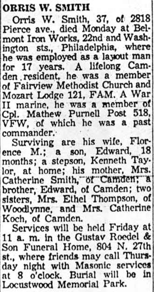 Camden Courier-Post clipping dated December 10, 1957, the obituary of Orris W. Smith, 37, of 2818 Pierce Avenue