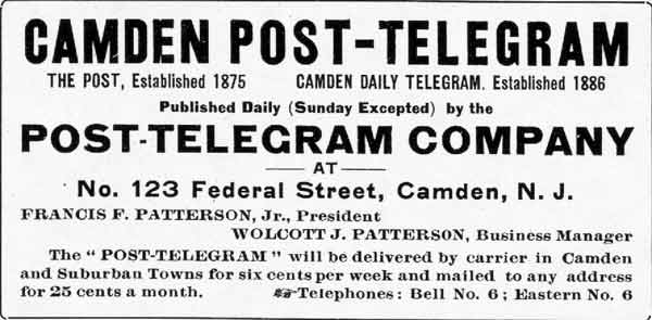 Camden City Directory advertisement for the Post-Telegram, 1913