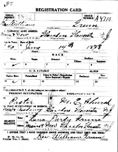 WWI Draft Registration Card — Rev. William Grum, front