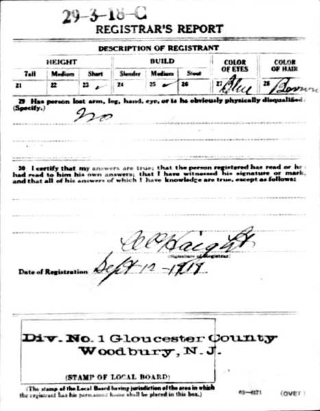 WWI Draft Registration Card — Registrar's Report, back