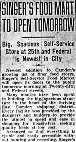 Singer's Food Mart to Open Tomorrow, Camden Courier-Post, January 25, 1940, columns 1