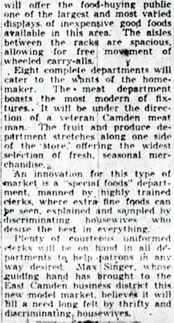 Singer's Food Mart to Open Tomorrow, Camden Courier-Post, January 25, 1940, column 2
