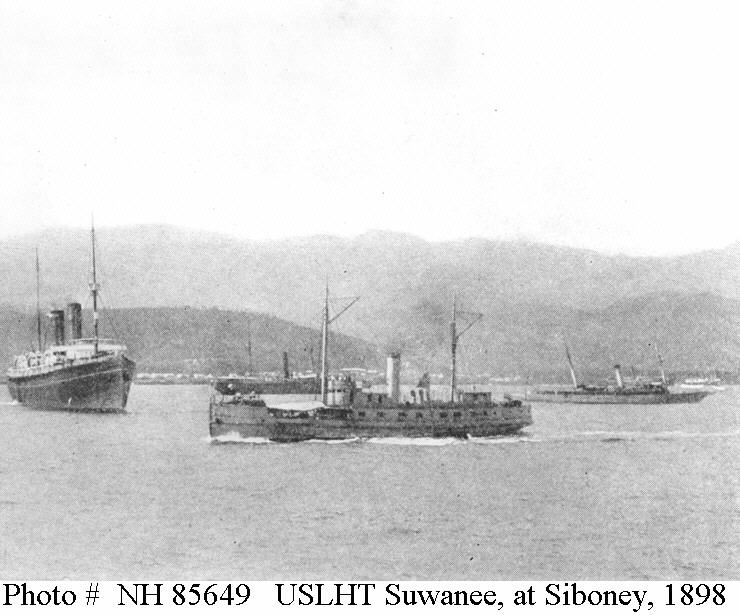 U.S. Light House Tender Suwanee underway off Siboney, Cuba, with USS St. Louis and USS Vixen in background, 1898