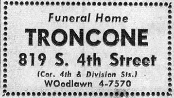 Troncone Funeral Home advertisement, 819 South 4th Street, May 1964