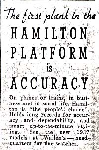 Hamilton Watch advertisement, Camden Courier-Post, October 3, 1936, part 1