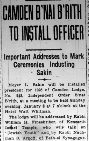 Camden Courier-Post article, January 4, 1928: Camden B'nai B'rith to Install Officer