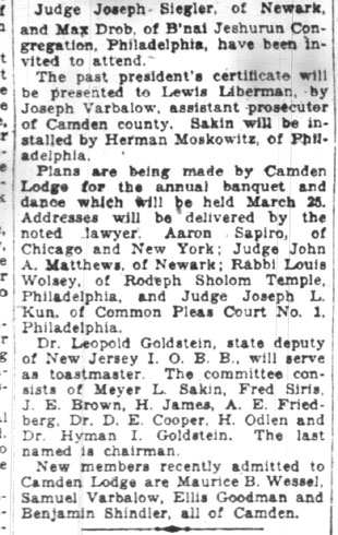 Continuation of Camden B'nai B'rith article, January 4, 1928