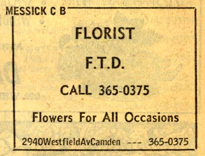 C.B. Messick Florist, 1977 New Jersey Bell Telephone Directory Yellow Pages advertisement