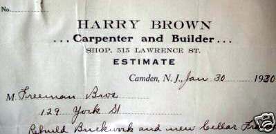 Harry Brown estimate to Freeman Brothers for repairs at 129 York Street, January 30, 1930