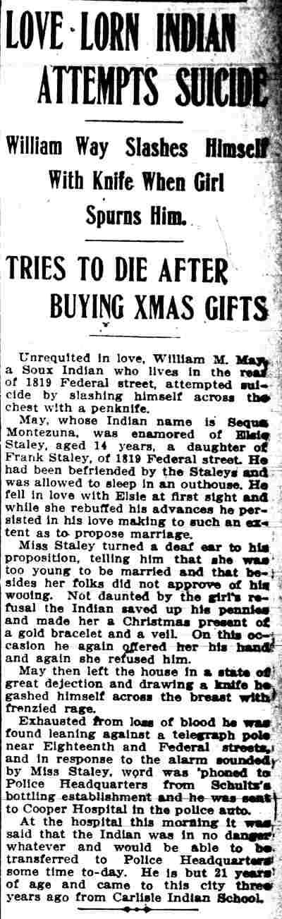 Camden Post-Telegram, December 27, 1910 — Love-Lorn Indian Attempts Suicide