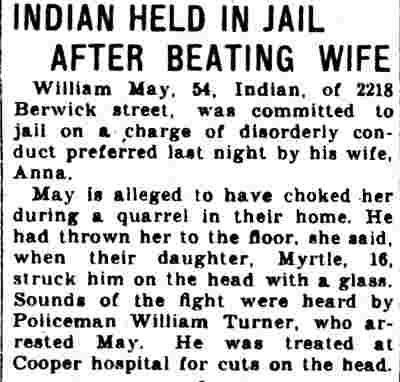 Indian Held in Jail After Beating Wife — William May of 2118 Berwick Street, Camden Courier-Post, March 14, 1932